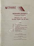 Newark Division Employee Timetable, effective September 30, 2001 by New Jersey Transit Rail Operations