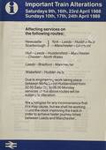 Important Train Alterations [Revised Timetable - Engineering Work between Mirfield and Huddersfield] Saturdays 9th, 16th, 23rd April 1988, Sundays 10th, 17th, 24th April 1988 by British Railways